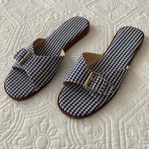J.Crew Gingham Check Buckle Slide Sandals Blue White 9 AV974